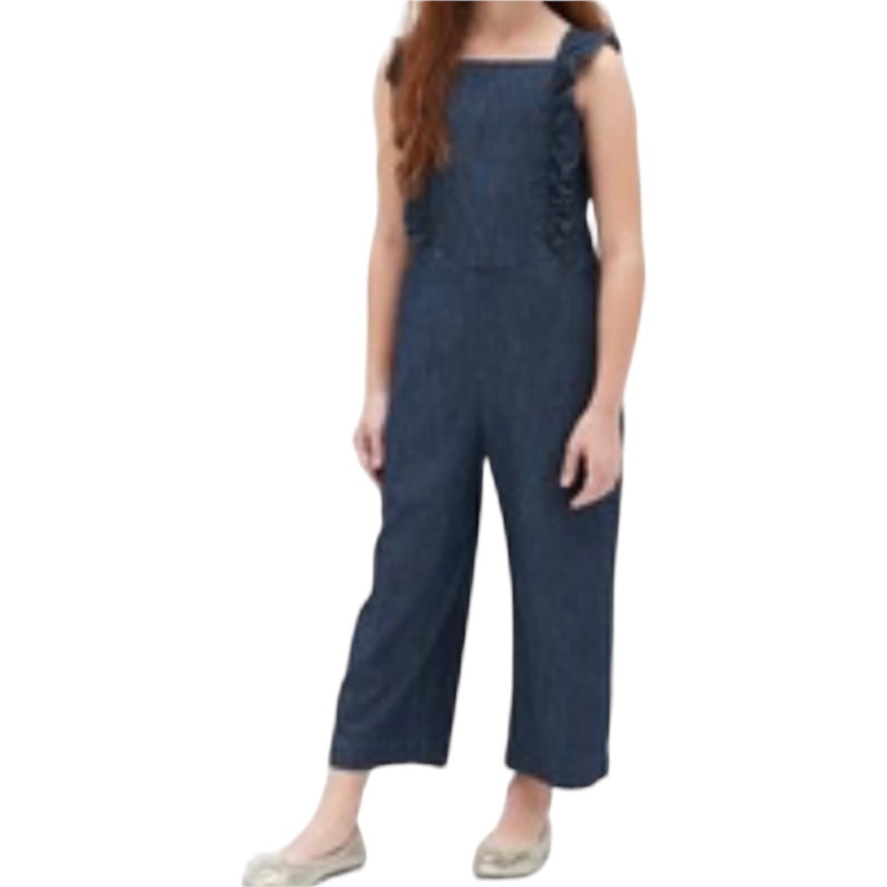 Gap Chambray Blue Apron Denim Wide Leg Ruffle Jumpsuit Romper Pockets Size 14/16